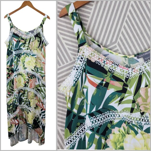 Kate Mallory Hi Low Party Dress Size XL Floral Green Tropical Leaf Lace Womens - Picture 1 of 7